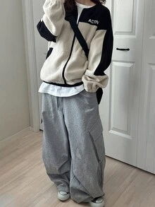 FRIFUL Women's Casual Streetwear Colorblock Patchwork Jacket, Autumn/Winter Everyday Travel Beige Everyday Going Out - Black - View 6