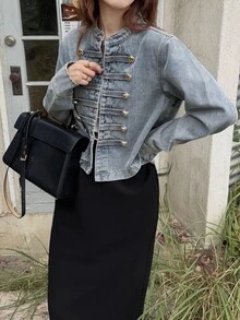 FRIFUL Women's Long Sleeve Zipper Front Casual Napoleon Denim Jacket - Blue - View 7