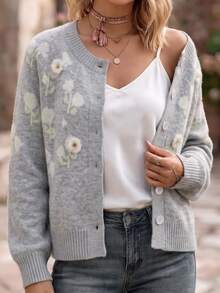 Linavere Women's Romantic Handmade Floral Applique Long Sleeve Single-Breasted Knit Cardigan - Light Grey - View 4