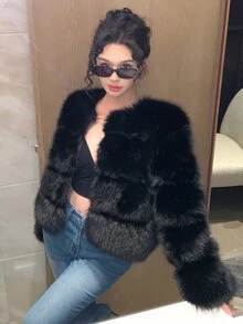 DAZY Solid Color Loose Long Sleeve Casual Vacation Elegant Autumn/Winter Thick Faux Fur Coat For Women - Black - View 6
