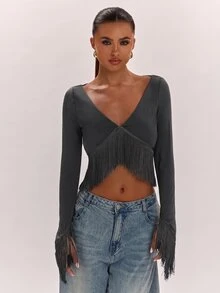 SHEIN BAE 女款純色V領長袖短版上衣，附流蘇下擺 - 深灰色 - 查看 6