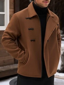 Manfinity CasualCool 男士羊毛混紡翻領夾克，青蛙扣裝飾，拉鍊開合，休閒日常秋冬外套 - 棕色 - 查看 6