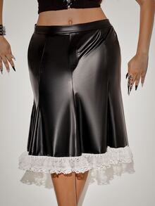 Orbivine Plus Size Women's Lace Patchwork PU Leather Fashion Goth Sexy Versatile Skirt Halloween Party Night Black And White Autumn Fall - Black - View 4