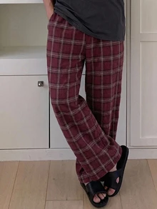 DAZY Spring/Autumn Burgundy Plaid Brushed Fabric Elastic Waist Long Pants Men's Loungewear Bottoms - Burgundy - View 3