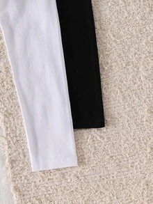 SHEIN 2pcs Tween Girls' T-Shirt Round Neck Long Sleeve Black And White 2 Pieces Set Basic Long Sleeve Undershirt Suitable For Daily Wear Spring And Autumn - Black and White - View 6