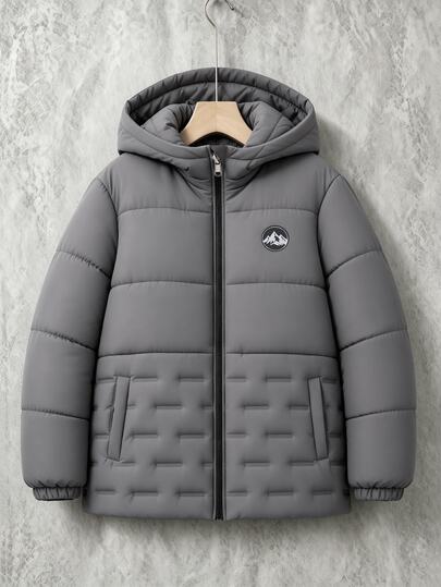 Abrigo acolchado casual con capucha, panel frontal acolchado ultrasónico y patchwork para adolescentes