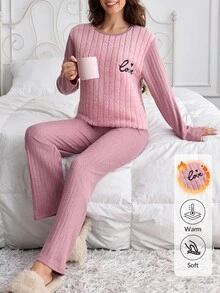 SHEIN Casual pyjamasset med fluffig topp med kärleksbroderi och kontrastpanel samt byxor - Rosa - Visa 7