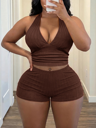 Slaydiva New Spring/Summer Women's Plus Size Two Pieces Set: Casual, Basic, Slim-Fitting Red V-Neck Backless