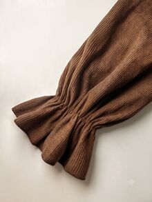 EMERY ROSE Women's Solid Color Frill Trim V-Neck Long Sleeve Casual Blouse - Coffee Brown - View 3