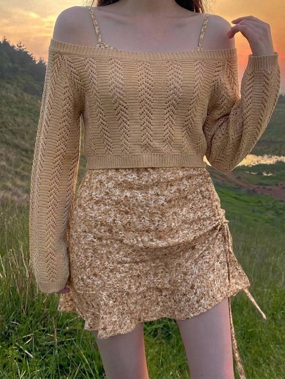 Solid Color Fitted Short Long Sleeve Cold Shoulder Cutout Jacquard Elegant Sexy Vacation Autumn/Winter Knit Sweater For Women