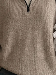 SHEIN EZwear 休閒極簡學院風駱駝色毛絨質感對比黑色拉鍊半開襟女款長袖衛衣，適合秋冬穿著 - 駝色 - 查看 5