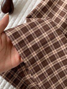 Comfortcana 女款格紋口袋寬腿寬鬆休閒西裝長褲 - 棕色 - 查看 3