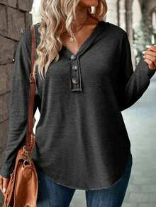 SHEIN LUNE Casual V-Neck Button Long Sleeve T-Shirt Top - Dark Grey - View 5
