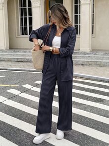 Serisse 條紋亞麻捲袖襯衫與長褲休閒兩件套 - 藏蓝色 - 查看 6