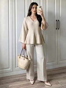 SHEIN Elenzya 優雅V領喇叭袖女款針織衫，適合辦公室與秋季穿著 - 杏色 - 查看 3