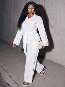 Slaydiva Autumn/Winter Plus Size White Utility Jumpsuit With Collar, Belt, Cinched Waist And Wide Leg - White - View 5