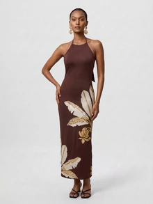 CAJUNI Gaun Panjang Bordir Emas untuk Liburan yang Elegan - Coklat - View 3