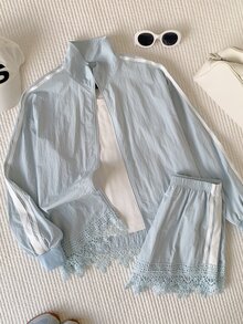 Comfortcana 蕾絲拼接夾克與短褲套裝 - 藍色 - 查看 6