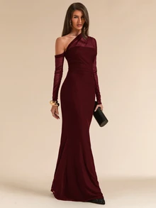 SHEIN BAE Spring/Summer Solid Black Asymmetrical Shoulder Ruched Fitted Maxi Fish Tail Mesh Dress For Women - Burgundy - View 3