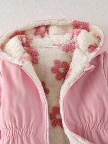 SHEIN 1件女童冬季新款毛絨內裡拉鍊開襟衫，附彈性腰部與連帽，百搭時尚防寒外套，適合戶外與通勤 - 粉色 - 查看 9