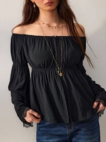 Willow Rêve Women's Black Loose Cold Shoulder Bell Sleeve Top, Lace Cuffs With Elastic Ruffles, Solid Color Western Romantic Bohemian Style, Suitable For Summer Vacation Party Travel - Black - View 1
