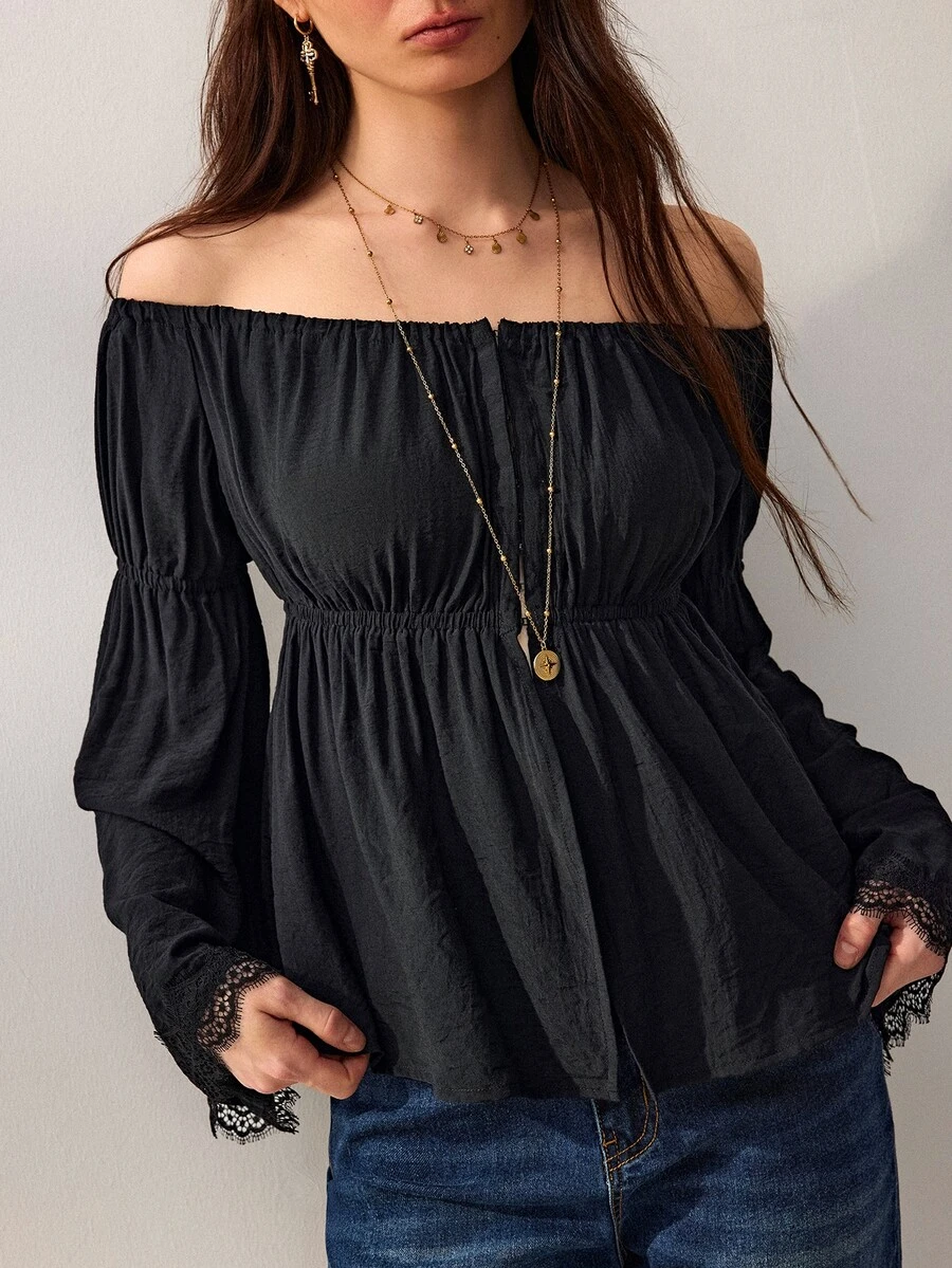 Willow Rêve Women's Black Loose Cold Shoulder Bell Sleeve Top, Lace Cuffs With Elastic Ruffles, Solid Color Western Romantic Bohemian Style, Suitable For Summer Vacation Party Travel - Black - View 1