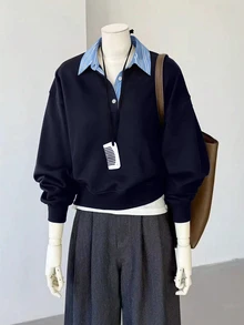 INAWLY 女款拼接條紋襯衫領二合一休閒衛衣 - 藏蓝色 - 查看 3