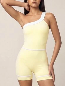 SHEIN BAE 女款拼色單肩無袖運動連身褲 - Butter Yellow - 查看 1