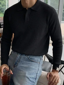 DAZY 春秋款黑色長袖 Polo 領半開襟純色通勤韓風男士針織上衣 - 黑色 - 查看 3