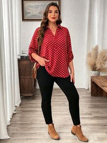SHEIN LUNE Áo sơ mi tay lỡ họa tiết da báo size lớn - Đỏ và trắng - Xem 4