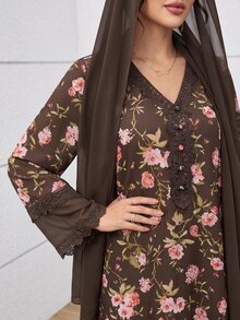Yasmyna V領雪紡蕾絲拼接粉色花卉印花洋裝附頭巾 - 棕色 - 查看 2