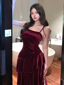 DAZY 女款純色多層荷葉邊下擺優雅細肩帶中長洋裝 秋季 - 酒紅色 - 查看 6
