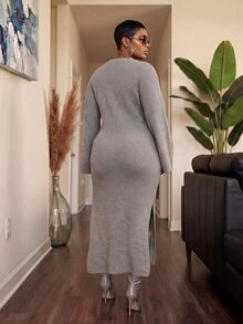 Slaydiva Plus Size Autumn/Winter Fashion Knotted Side Slit Knit Dress - Coffee Brown - View 4