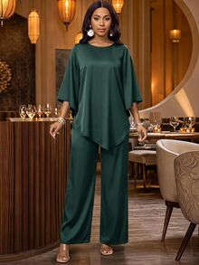 Fleurora Women's Solid Color Round Neck Bell Sleeve Asymmetrical Hem Blouse And Long Pants Casual 2 Pieces Set - Green - View 7