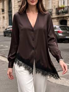 SHEIN PariChic Women's Brown V-Neck Satin Texture Asymmetric Hem Lace Trim Long Sleeve Blouse, Suitable For Daily Commute Wear - Brown - View 4