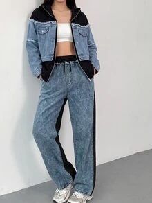 Slaydiva Plus-Size Women's High-Waisted, Loose-Fit, Wide-Leg Denim Jeans In Blue With Color-Block Lace-Up Detailing.Autumn - Blue - View 4