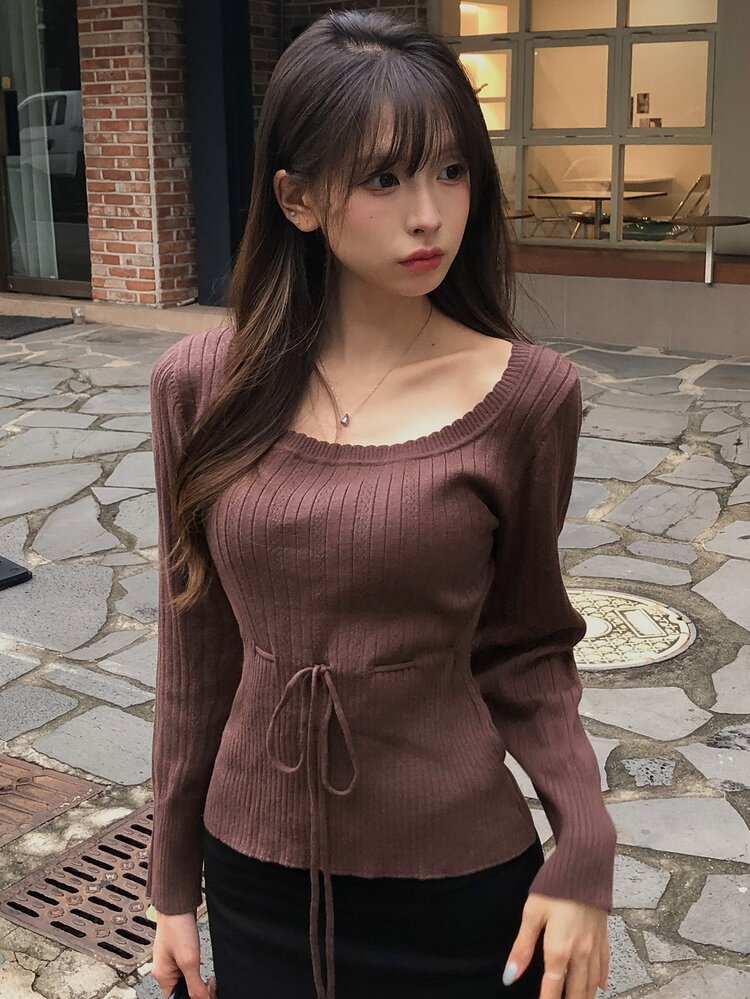 DAZY Solid Color Fitted Oversized Scoop Neck Long Sleeve Drawstring Tie Elegant Vacation Spring Autumn Pullover Knit Sweater - Brown - View 2