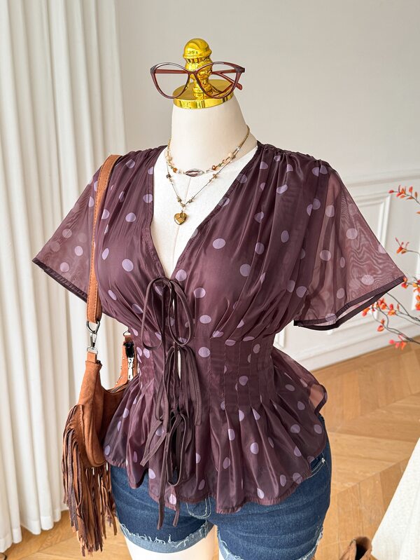 CovetEZ Spring/Summer Solid Color Collared Pleated Casual Versatile Everyday Short Sleeve Plus Size Shirt