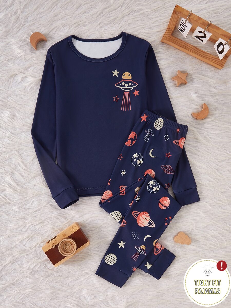 Tween Boys' Blue Base Minimalist Fashion Cartoon Pattern Print Long Sleeve Long Pants Snug Fit Loungewear - Navy Blue - View 1