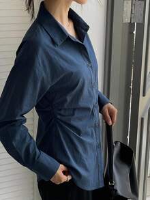 DAZY Blusa de mujer con cuello de solapa y cintura ceñida, estilo casual de negocios, nueva para otoño - Azul Marino - Ver 5