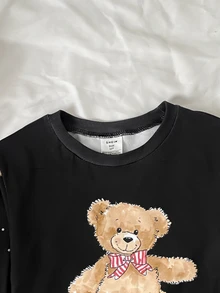 SHEIN Tween女孩秋冬日常居家甜美卡通螢光波點卡通熊蝴蝶結印花長袖套頭上衣與配套長褲套裝，2件式黑色修身居家服套裝 - 黑色 - 查看 4