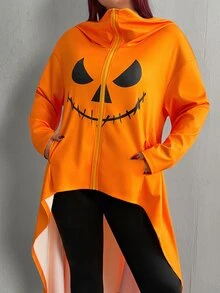Whyspr Plus Size Halloween Pumpkin Graphic Print Jacket Fall - Orange - View 1