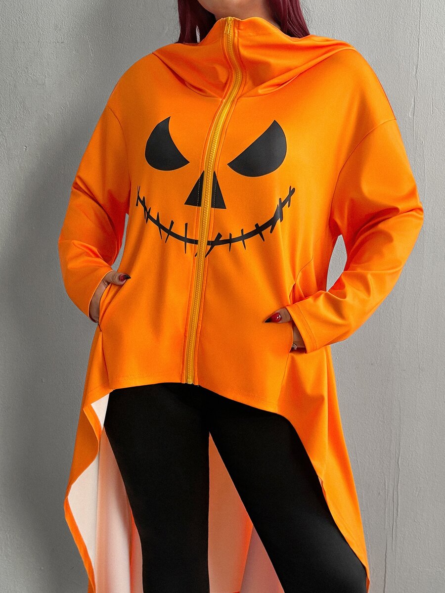 Whyspr Plus Size Halloween Pumpkin Graphic Print Jacket Fall - Orange - View 1
