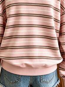 Lalippa Plus Size Women V-Neck Striped Colorblock Casual Everyday Sweatshirt - Multicolor - View 3