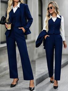 EMERY ROSE Women's Solid Color Single-Breasted Lapel NeckJacket, Vest And Pants Casual Suit Set Autumn Winter - Navy Blue - View 8