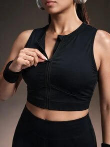 Powerista Women's Plus Size Spring&Summer Solid Color Zipper Front Halter Neck Sports Bra Gym Running Fitness Workout Going Out Autumn High-Support Adjustable - Black - View 1