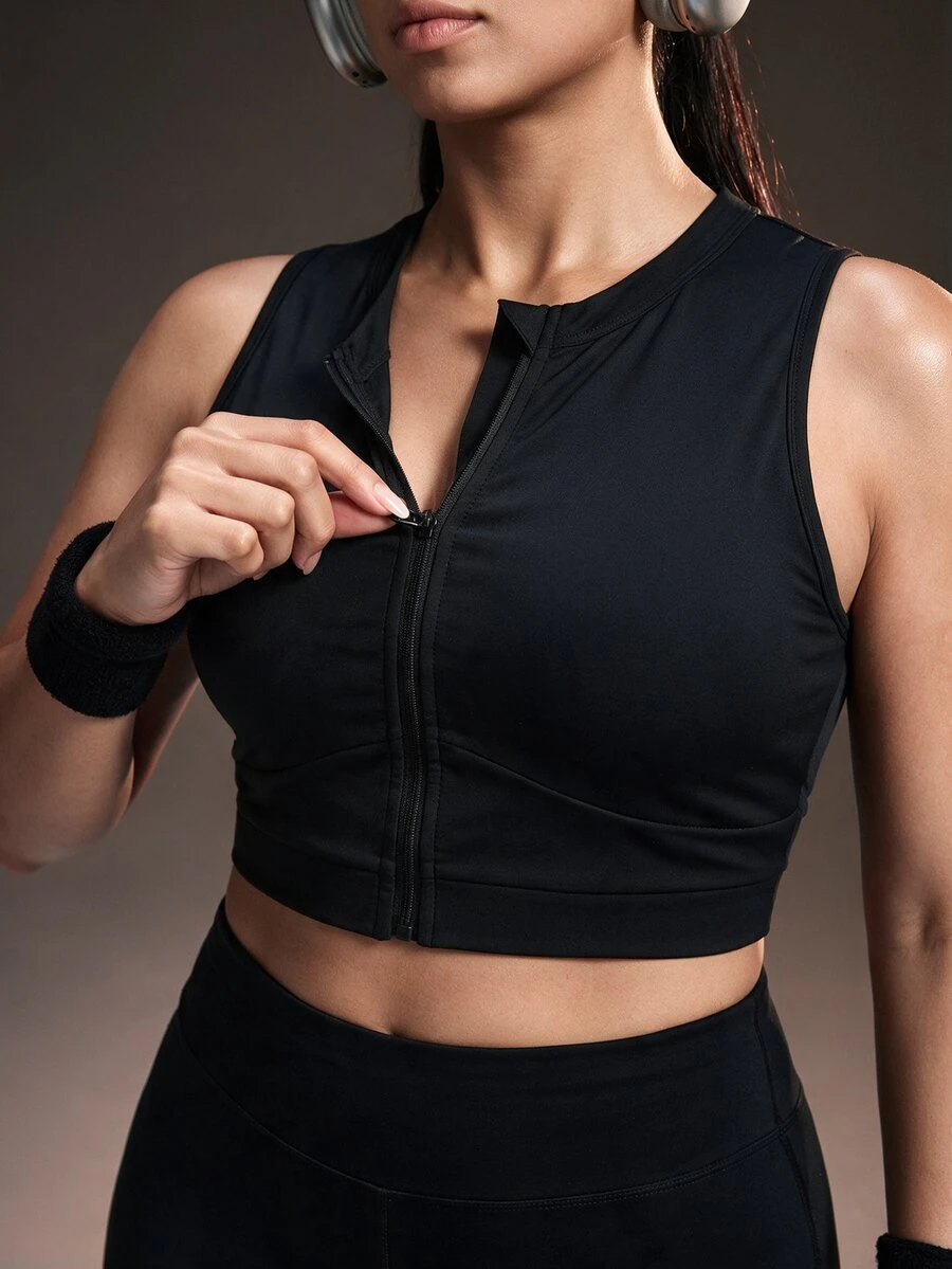 Powerista Women's Plus Size Spring&Summer Solid Color Zipper Front Halter Neck Sports Bra Gym Running Fitness Workout Going Out Autumn High-Support Adjustable - Black - View 1