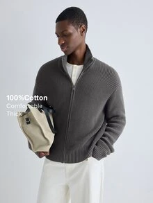 Merionis Men's Solid Color Long Sleeve Zipper Front Casual Knit Cardigan - Dark Grey - View 1