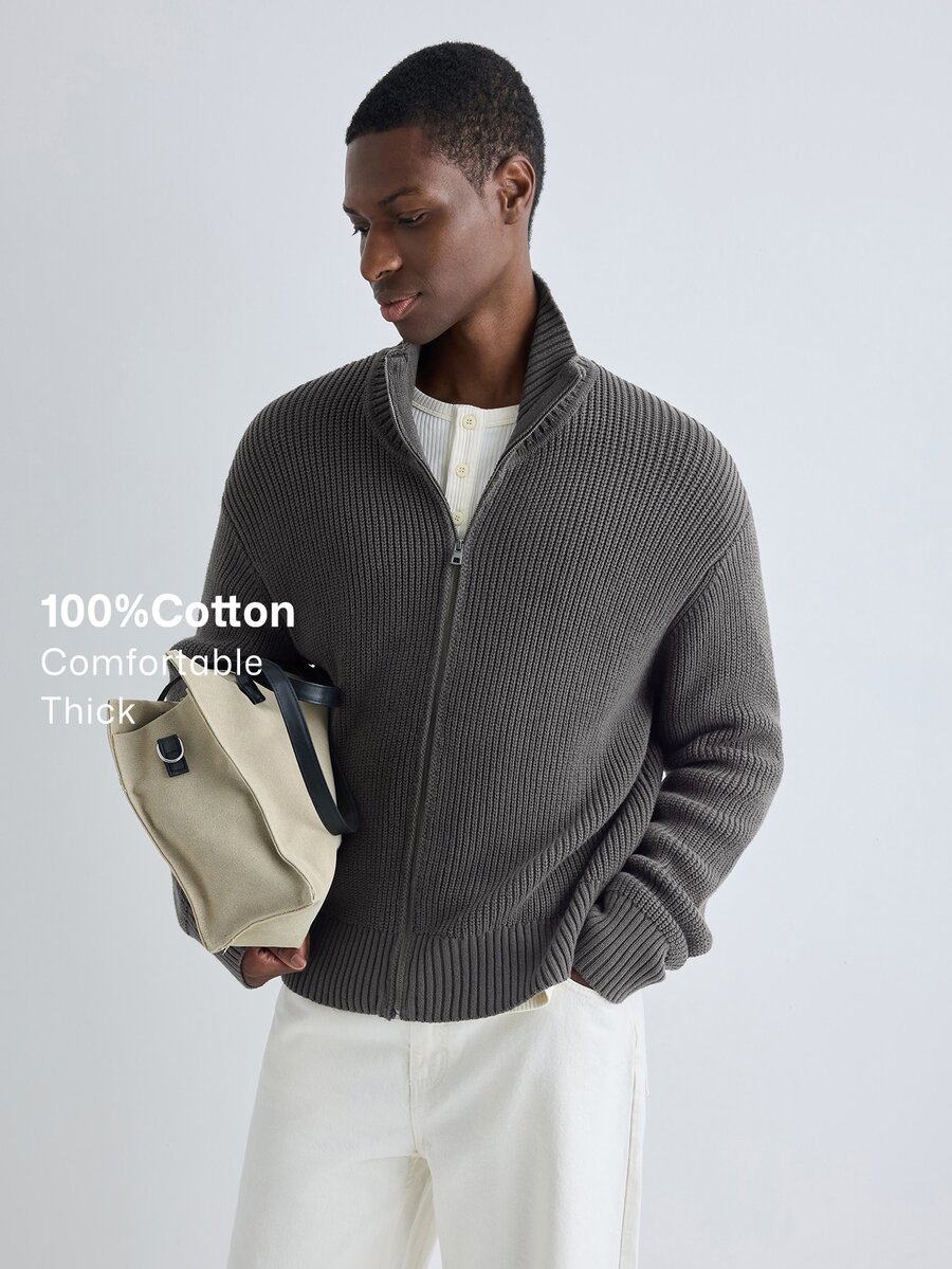 Merionis Men's Solid Color Long Sleeve Zipper Front Casual Knit Cardigan - Dark Grey - View 1
