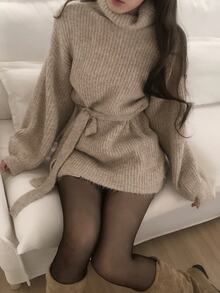 DAZY Women's High Neck Solid Color Long Sleeve Tie-Up Elegant Korean Style Sweater - Coffee Brown - View 4